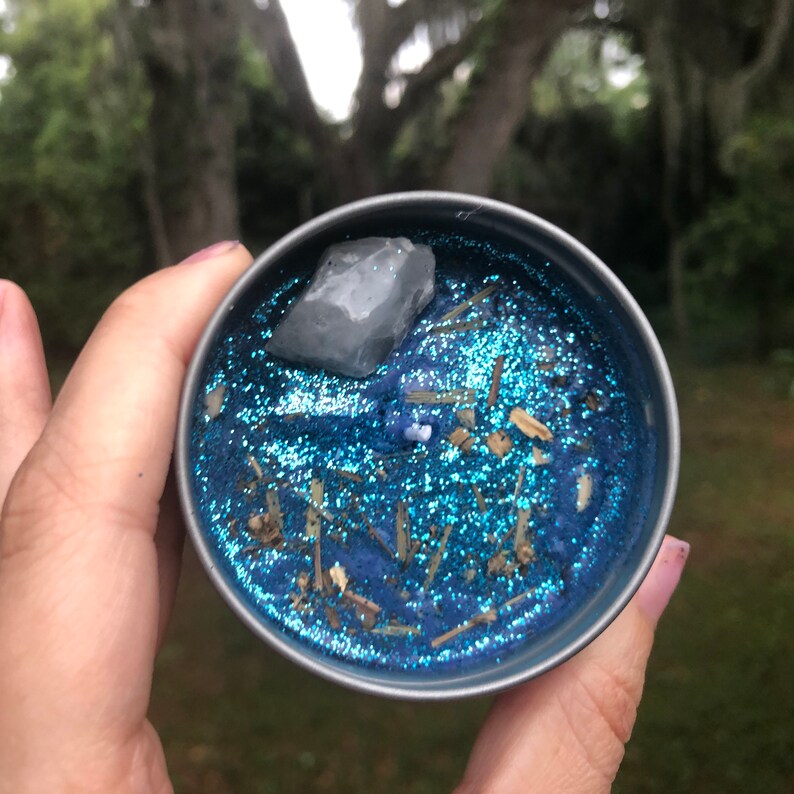 Daydream Blue Calcite Intention Candle Anxiety Relief Sunflower Lemongrass Marshamllow Root Crystal Soy
