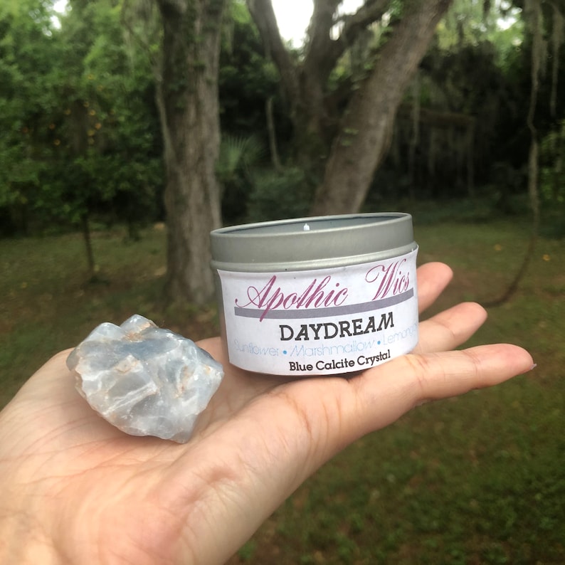 Daydream Blue Calcite Intention Candle Anxiety Relief Sunflower Lemongrass Marshamllow Root Crystal Soy