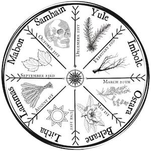 May include: A black and white illustration of a wheel with eight spokes. The wheel is divided into eight sections, each with a different symbol and name. The symbols represent the eight sabbats of the Wheel of the Year, a pagan holiday cycle. The names of the sabbats are: Samhain, Yule, Imbolc, Ostara, Beltane, Litha, Lammas, and Mabon.
