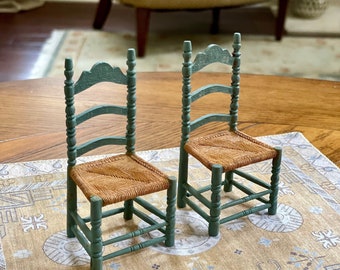 Miniature Dollhouse Vintage Ladder Back Chairs Set Of Two In Provençal Bluegreen With Faux Eiven Seats 1:12 Scale Upholstery