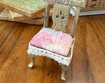 Miniature Dollhouse Vintage Distressed Side Chair In Navy Gold W/Pink Sonora Silk Fabric 1:12 Scale Furniture