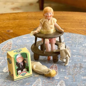 Miniature Dollhouse Vintage Artisan Signed, Tudor Wheeled Baby/Play Walker Stained In Walnut 1:12 Scale Furniture