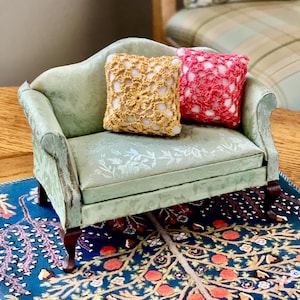 Miniature Dollhouse Vintage Bespaq Curvaliniar Settee In Silken Bluegreen Floral Print 1:12 Scale Upholstery