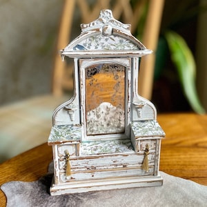 Miniature Dollhouse Vintage Smoked Mirror Dresser/Chest Of Drawers In Cloud White With Wild Pheasant Botanical Tops 1:12 Scale Furniture