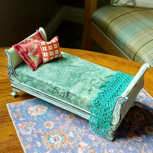Miniature Dollhouse Vintage Custom Upholstered Twin Bed In Greens With High-End Papered Headboard/Footboard 1:12 Scale Upholstery