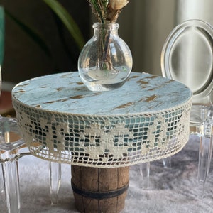 Miniature Dollhouse Vintage, Round Dining/Bistro Table In Transitional Metallic Top, Barrel Base + Vintage Lace Accents 1:12 Scale Furniture