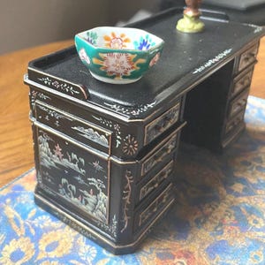Miniature Dollhouse Vintage Hand Painted Chinoiserie Executive Desk With Eight Drawers + Leather Top 1:12 Scale Furniture