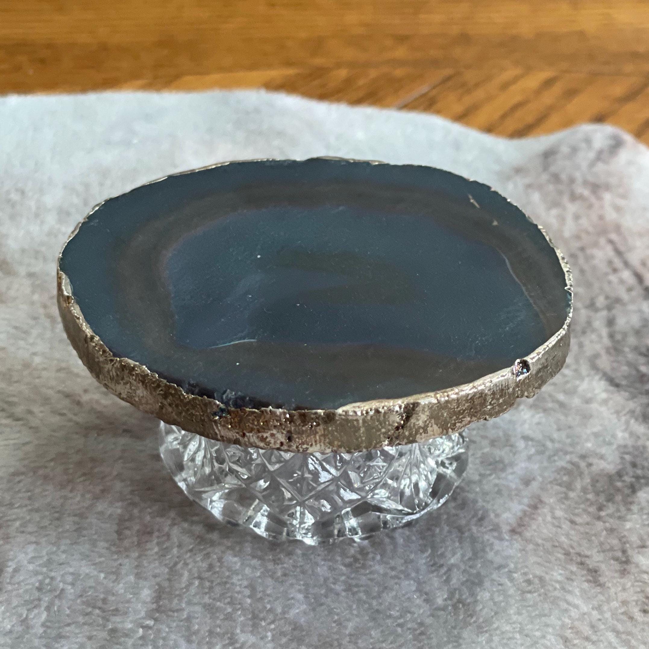 Miniature Dollhouse Vintage Stone Coffee Table With Navy/Chocolate Brown Geode Top + Waterford Cut Crystal Base 1:12 Scale Furniture