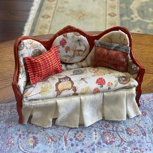 Miniature Dollhouse Vintage Victorian Sofa In Abstract Whimsical Woodland Creature Print + Boxpleated Cream Skirt 1:12 Scale Upholstery