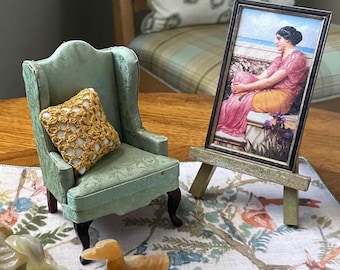 Miniature Dollhouse Vintage Bespaq Wingback Chair In Silken Bluegreen 1:12 Scale Upholstery