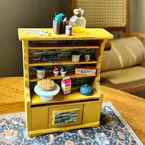 Miniature Dollhouse Vintage Kitchen Cabinet/Hutch/China With Blue, Brick-Papered Accents 1:12 Scale Furniture