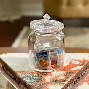 Miniature Dollhouse Vintage Glass Jar Of Capri Sun Juice Pouches & Individual Candy 1:12 Scale Accessory