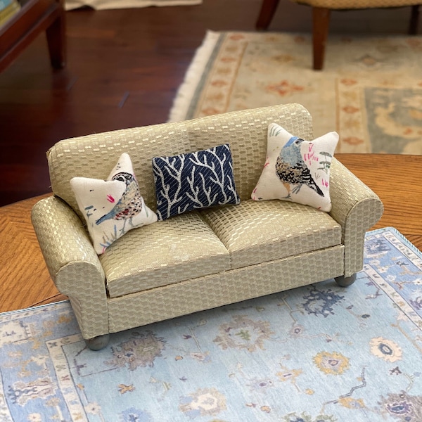 Miniature Dollhouse Vintage Classic Sofa In Opaline White With Provençal Bluegreen Bun Feet 1:12 Scale Upholstery