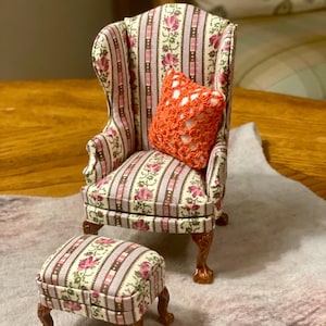 Miniature Dollhouse Vintage Wingback Chair + Ottoman In Botanical Print Fabric 1:12 Scale Upholstery