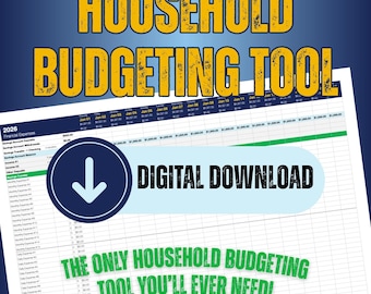 May include: A digital download graphic with the text "Household Budgeting Tool" in yellow, and "Digital Download" in black. The image also includes a spreadsheet and the text "The only household budgeting tool you'll ever need!"
