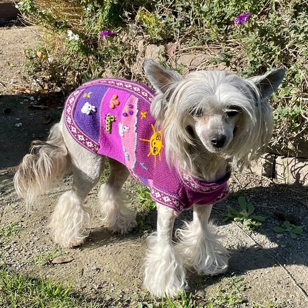 LAVENDER color Zip Up dog sweater from the Andes of Peru with hand embroidered designs. All Sizes (X0-14)