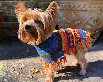 Blue Purple Tweed Alpaca Dog Poncho Easy On Off Sweater, Soft Warm Pet Clothes Teacup to 80lbs, Gentle for Senior Dogs Andean Style XX0-20