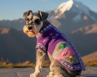 ROYAL PURPLE and GRAY color Zip Up Dog Sweater. All Sizes (x0 - 8) Handmade in the Andes of Peru. Easy to Put on Luxury Sweater. (Size X0-8)