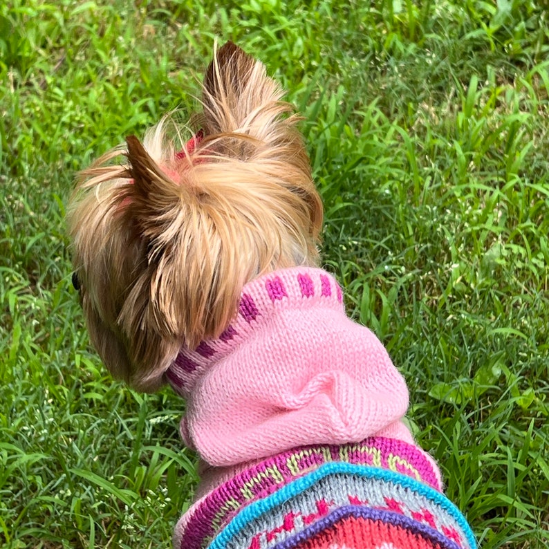 Alpaca Luxury Dog HOODIE sweater. Nazca lines inspired designs. Made w/ the finest Peruvian Alpaca. Dog hoody with leash hole. BABY PINK image 7