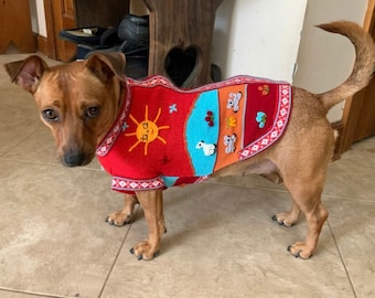 Handmade Inca Red Dog Sweater: Hand Embroidered Zip-Up Peruvian Style (Sizes XX0-8)
