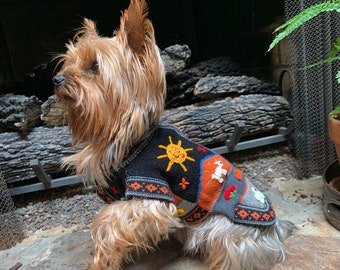 HARLEY color, Zip Up dog sweater. Handmade in the Andes of Peru with unique hand-embroidered designs. All Sizes (X0-14)
