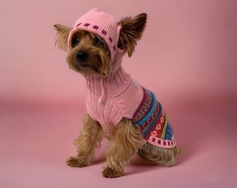 Alpaca Luxury Dog HOODIE sweater. Nazca lines inspired designs. Made w/ the finest Peruvian Alpaca. Dog hoody with leash hole. BABY PINK