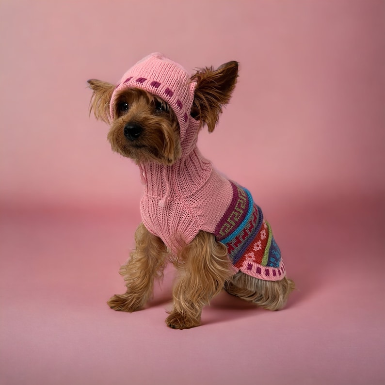 Alpaca Luxury Dog HOODIE sweater. Nazca lines inspired designs. Made w/ the finest Peruvian Alpaca. Dog hoody with leash hole. BABY PINK image 1