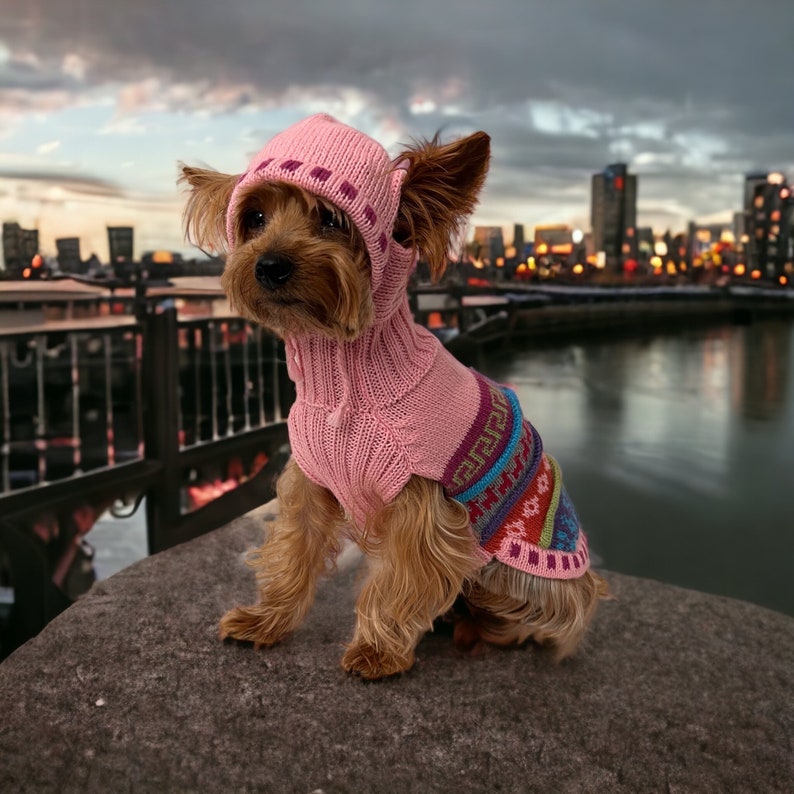 Alpaca Luxury Dog HOODIE sweater. Nazca lines inspired designs. Made w/ the finest Peruvian Alpaca. Dog hoody with leash hole. BABY PINK image 4