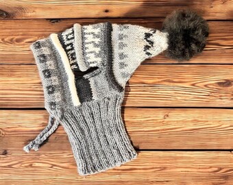 Machu Mist Alpaca dog chullo beanie. Real fur handmade pom pom, detachable. Sizes X0-8