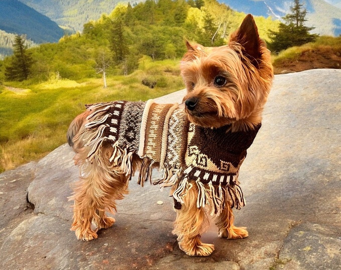 Dog Poncho Sweater Alpaca Easy On with Harness Hole, Teacup to Large Dogs up to 80lbs, Hypoallergenic Dog Clothes, Soft, Cafe Brown