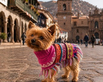 Pink Fiesta Alpaca Dog Poncho Luxury Sweater, Small Dogs 2-35lbs, Hypoallergenic Warm Water Repellent, Easy On Handmade XX0-8
