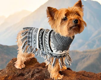 MACHU MIST, Alpaca dog sweater. Handmade in Peru with baby Alpaca wool. With harness hole. Fits dogs 1.5-30lbs. Poncho style, Size XX0-8