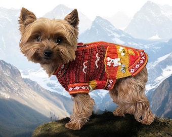 TEQUILA SUNRISE red, zip up the back Luxury sweater. Hand embroidered in the Andes of Peru. Now made of Alpaca! (Size XX0-14)