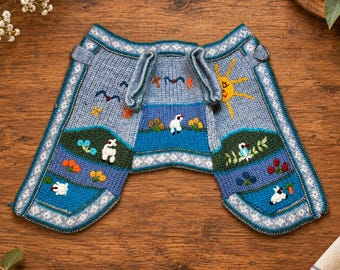 Hand-Embroidered Alpaca Dog Sweater: Glacier Blue Zip-Up Design. (Size XX0-8)