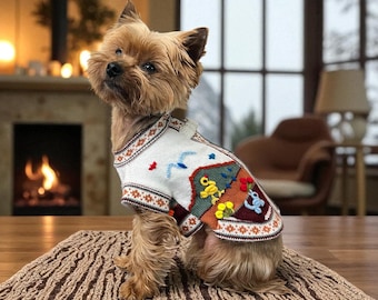 Handmade Royal Bone Dog Sweater: Zip-Up. Hand embroidered. Peruvian Accent, (Sizes XX0-8)