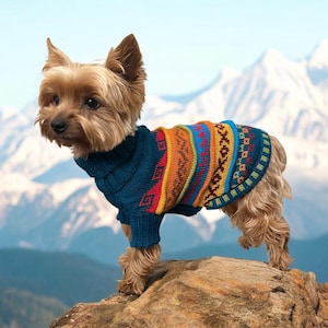 JADE color, Alpaca Luxury Dog QUARTER SLEEVE sweater. Nazca lines inspired designs. Made w/ fine Peruvian Alpaca. Dog hoody with leash hole.