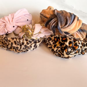 Animal print headband, knotted headband, velvet cheetah headband, statement accessory, gifts under 20