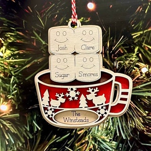 Hot Chocolate Personalized 4.25” x 5” wooden Marshmallow Family Ornament