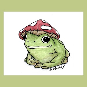 Mushroom Frog Cottagecore Art Aesthetic Print Watercolor Painting Matte Glossy