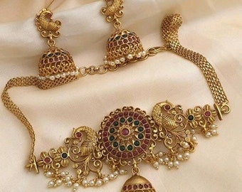 Antique gold plated choker set/temple south indian necklace/choker encklace/choker set/vintage necklace/bollywood jewellery/indian jewellery