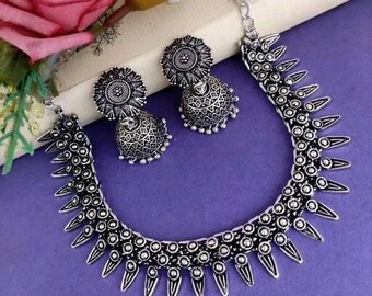 Bollywood oxidized silver plated handmade designer jewellery set/partywear jewellery set/oxidized choker/necklace earrings jhumka jhumki