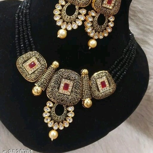 Kundan black choker set/choker with earrings/kundan jhmka/kundan necklace/choker/chokers/choker set for women/bride choker