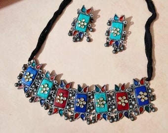 Conjunto de collar oxidado multicolor/joyería de fiesta/joyería hecha a mano/collar con pendientes/joyería de declaración/collar largo pesado