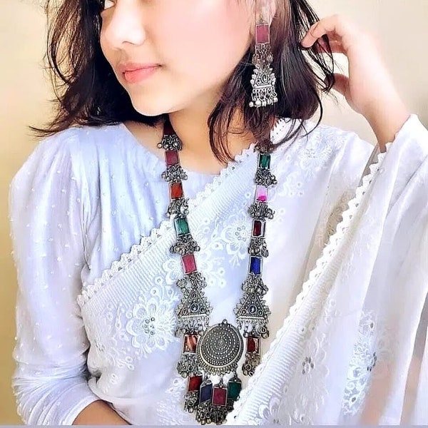 Beautiful handmade big heavy necklace/oxidized design necklace/silver necklace/afghani jewellery/jewellery set/necklace with earrings