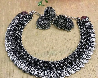 Indian oxidized kundan choker set/handcrafted choker with jhumka earring/antique necklace for women/indian necklace jewellery/wedding jhumka