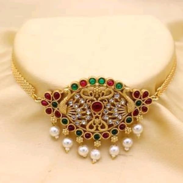Collier plaqué or de mariage du sud de l'Inde/ensemble inspiré de sabyasachi/ensemble de collier en pierre/derniers bijoux/bijoux indiens/tour de cou léger