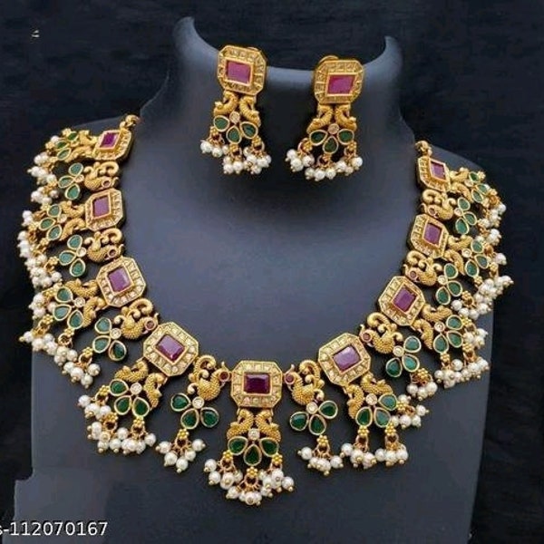 Green choker Necklace/Bollywood inspired Gold Plated Fashionable Kundan Necklace earring/bridal wedding jewelry set/necklace with earrings