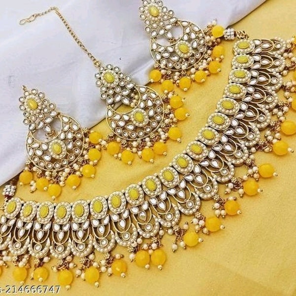 Yellow Kundan Necklace/feminine elegant jewellery set kundan pearl jewelry sets/Traditional choker kundan set/Bridal kundan necklace set