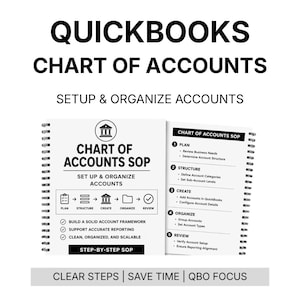May include: A white spiral-bound document titled "QuickBooks Chart of Accounts" with the subtitle "Setup & Organize Accounts." The document outlines steps for planning, structuring, creating, organizing, and reviewing accounts. Additional text includes "Clear Steps | Save Time | QBO Focus."