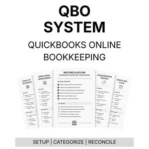 May include: A white graphic with the text "QBO SYSTEM QUICKBOOKS ONLINE BOOKKEEPING" and several smaller white cards with bookkeeping process overviews. The cards include "Chart of Accounts", "Bank Feeds Management", "Reconciliation", "Categorization Process", and "Month-End Close".